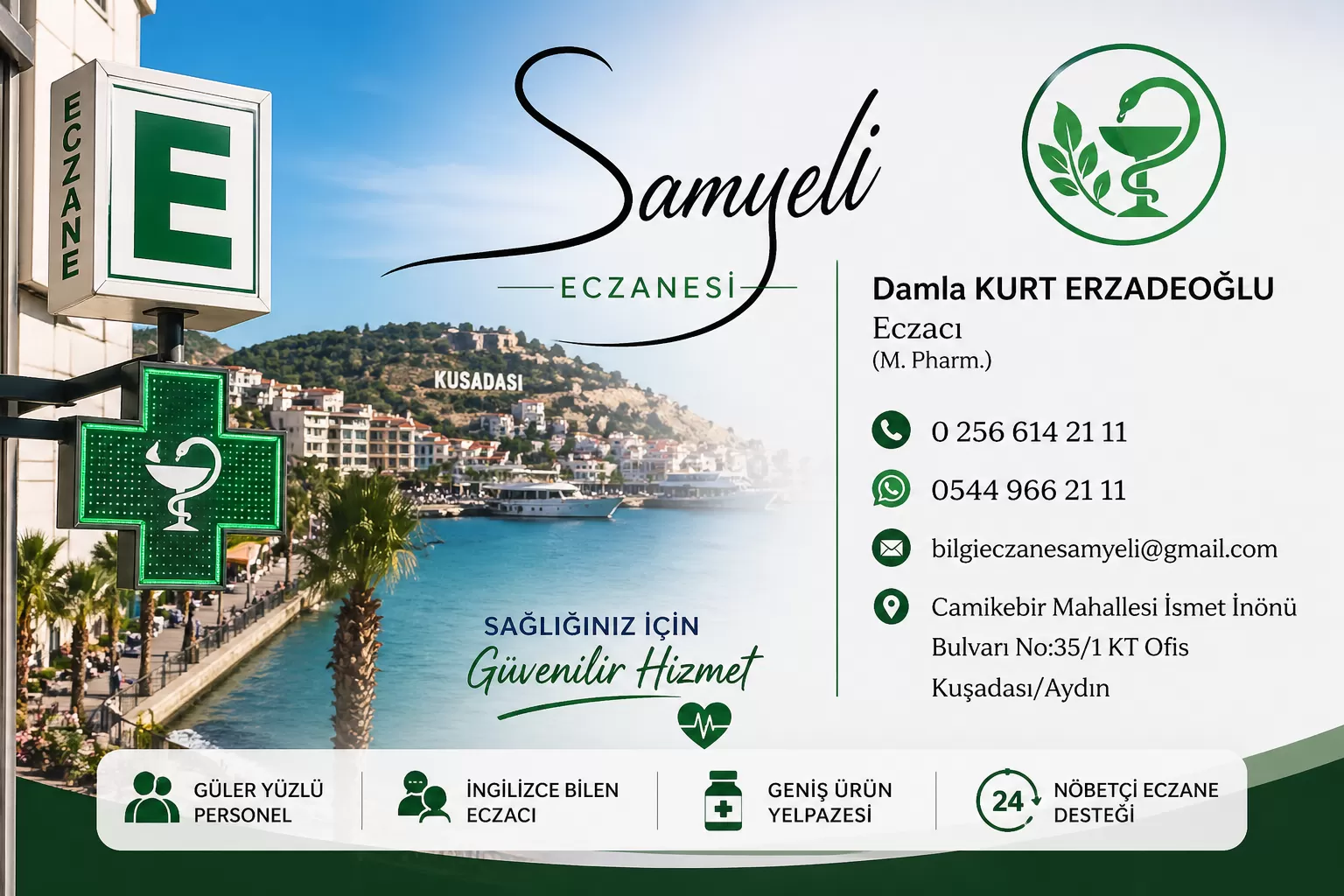 Kuşadası nöbetçi eczane arıyorsanız Samyeli Eczanesi hizmetinizde. İngilizce bilen eczacı, güler yüzlü personel ve nöbetçi eczane Kuşadası desteği.